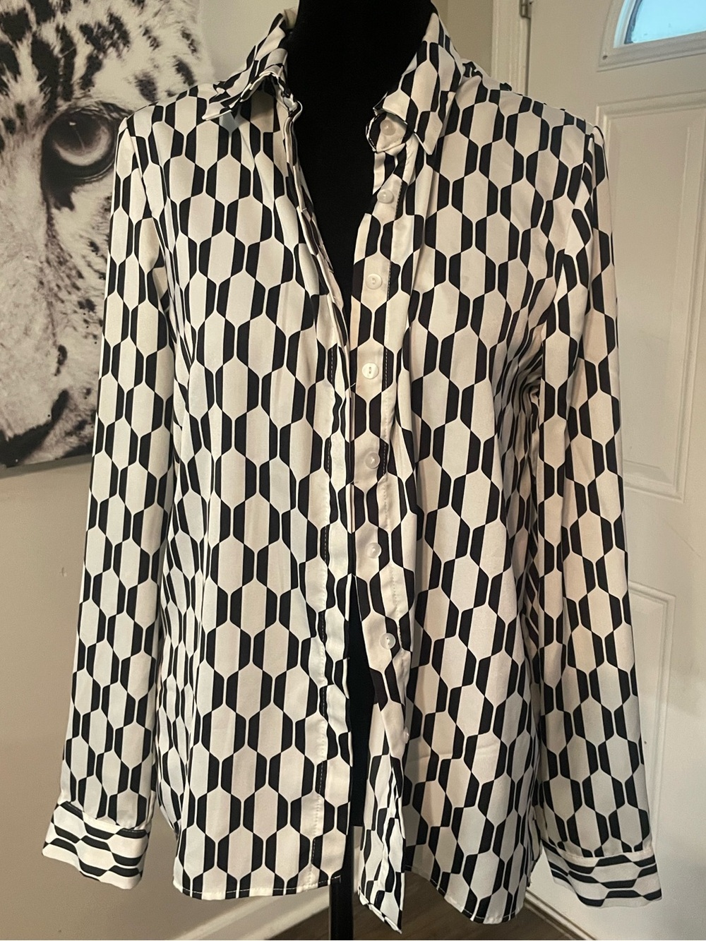 Smooth silky feel blouse geometric pattern button top long sleeve Small Modern